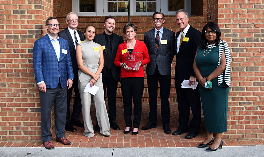 Left to right: Roanoke College President Frank Shushok Jr.; nominee Michael Mansfield; nominee Sandra Meythaler; award winner Seth Davis; Susan Smith, representing award winner Roanoke Valley Children's Choir; award winner Douglas Jackson; nominee Michael Hemphill; and Hollins University President Mary Dana Hinton.