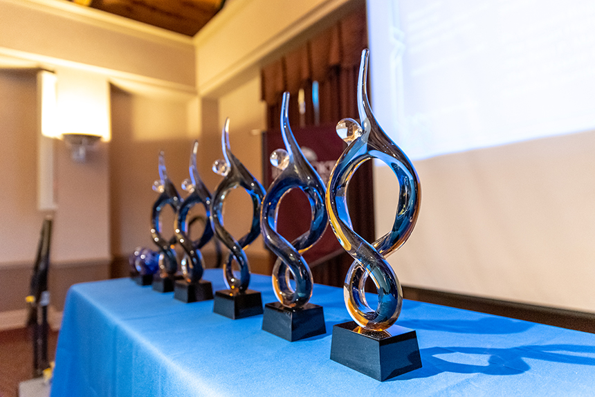 awards on a table