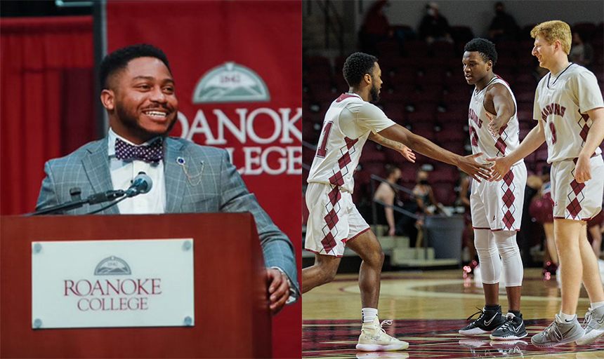 Brandon Fleming speaks at Roanoke College podium, basketball players shake hands