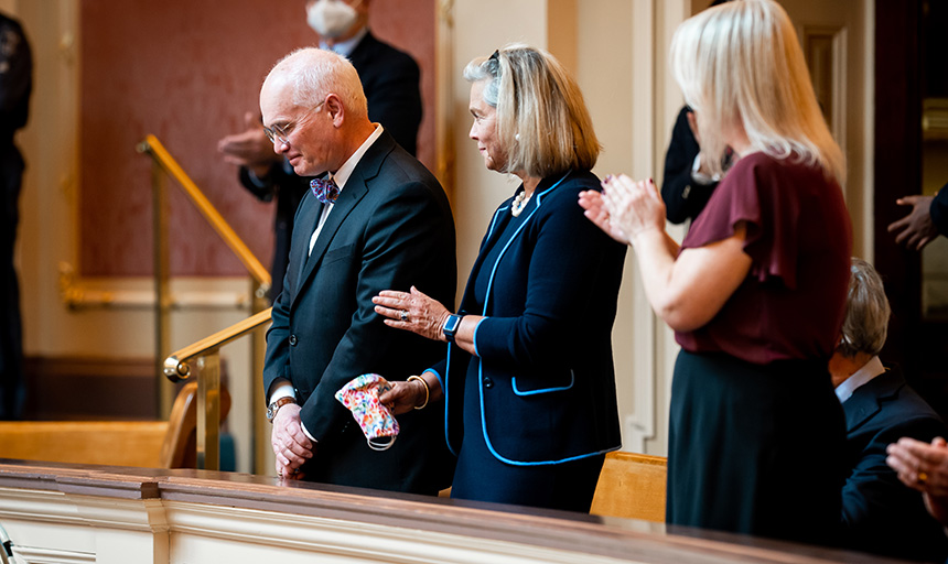 President Maxey, Terri Maxey and Nicole Riley look down from the visitor's gallery at General Assembly