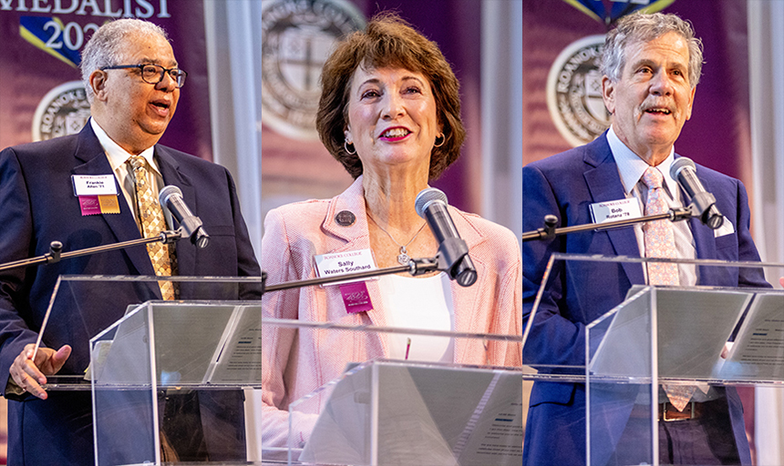 Collage of two men and one woman speaking at podium