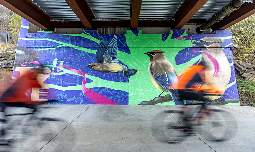Cyclists on the Roanoke River Greenway zip past Murrill's mural under the 9th Street bridge.