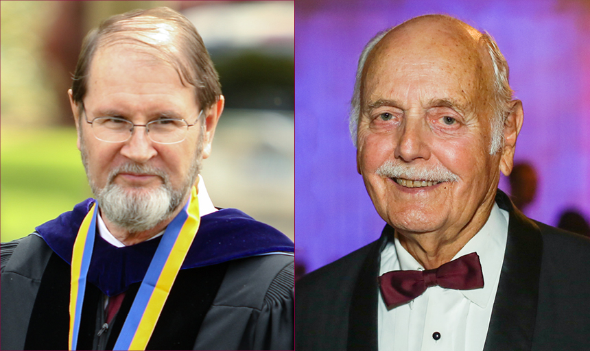 Chuck Early in academic robe and medal followed by Don Moe in suit and bowtie