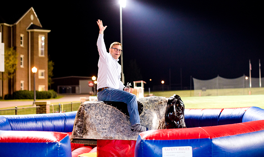 To the delight of students, Shushok took a turn on the mechanical bull at the Shushok Shindig on Oct. 7.
