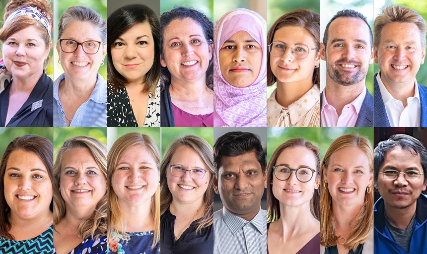 New faculty for 2022-23. Top row, left to right: Audrey Hamilton, Betsy Parkins, Nicole Breault, Carey Weatherspoon, Dr. Fatima, Grace Tessein, Ian Michalski, Jonathan McCloud. Bottom row, left to right: Katie Webber, Kimberly Garza, Mohammad Mostofa, Sarah Murray, Taylor Rowley, Truong Le 