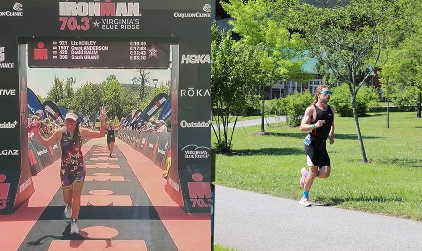 Woman crosses Ironman finish line, man runs outdoors