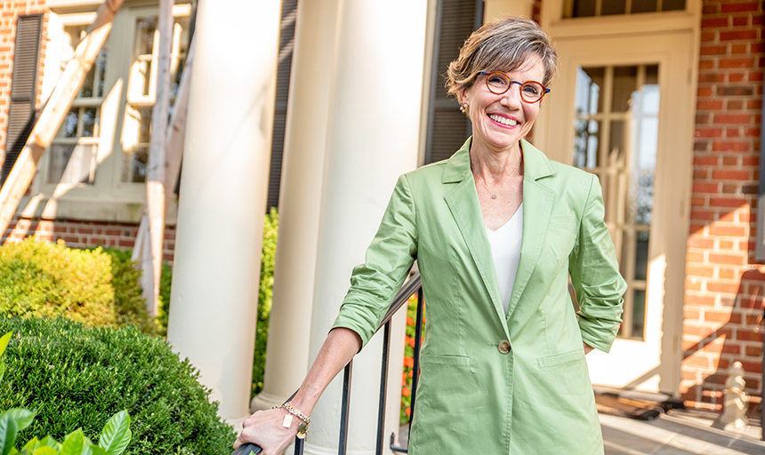 The Rev. Kelly Shushok outside the President's House on Academy Street.