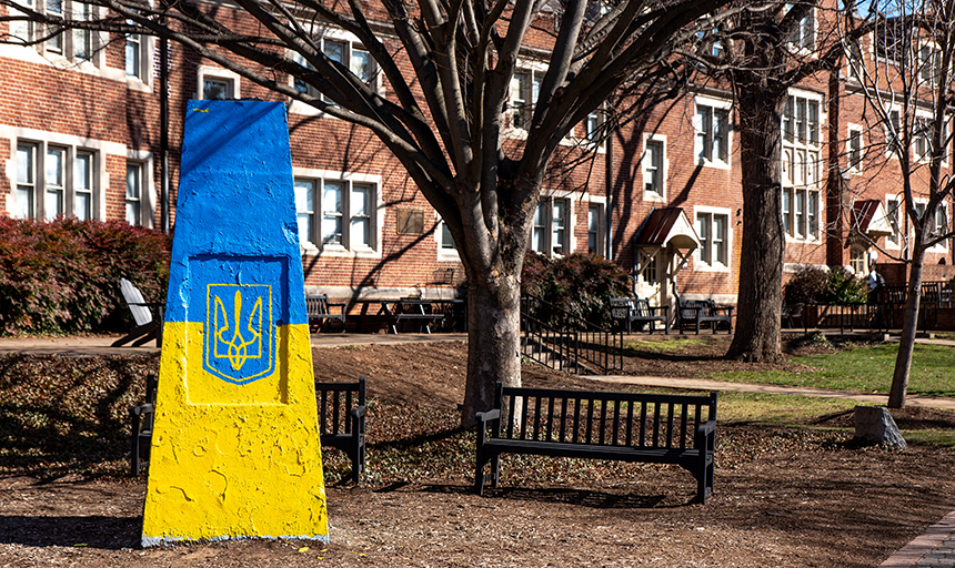 The Rock is painted blue and gold and has the seal of Ukraine