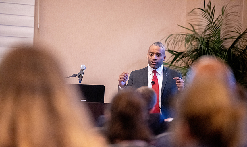 Ainsley Carry, vice president of students at University of British Columbia and author of "Washington Next? Disputed Monuments, Honorees, and Symbols on Campus," delivers a lecture in Wortmann Ballroom on Feb. 8, 2023.