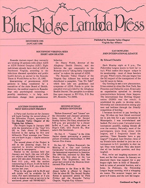 Image of the front page, printed on pink paper, of a circa-1980s copy of the Blue Ridge Lambda Press