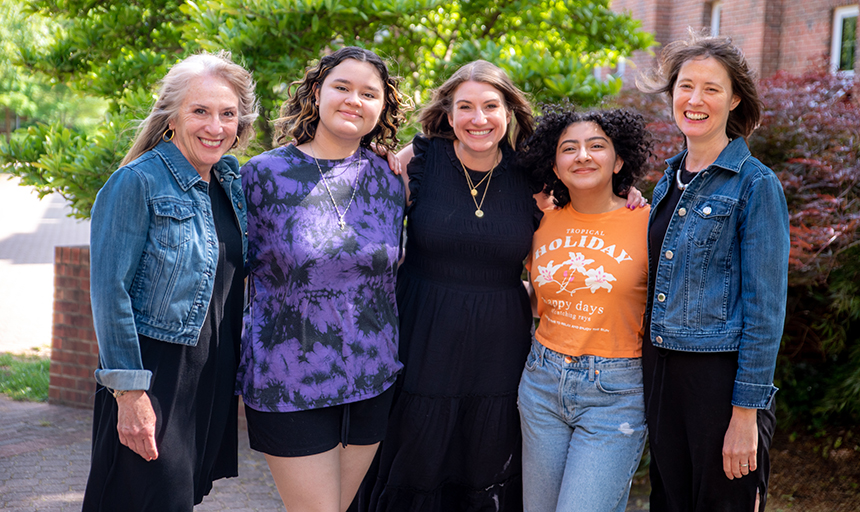 Left to right: Associate Professor of Education Lisa Stoneman, Jasmin Avila ’27, Education Lecturer Karin Kaerwer, Aimee Velasquez ’27 and Associate Professor of Education Jennifer McCloud. Avila and Velasquez will be the first two students to attend Roanoke College under the Bridges Program, which was created by professors in the Education Department to help recruit more future teachers of color to Roanoke College and surrounding school divisions.