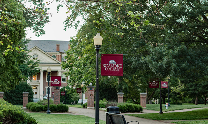 Roanoke College banners line the walkways of the front quad