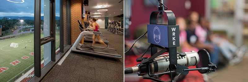 Side by side photos of Cregger Center gym and WRKE microphone