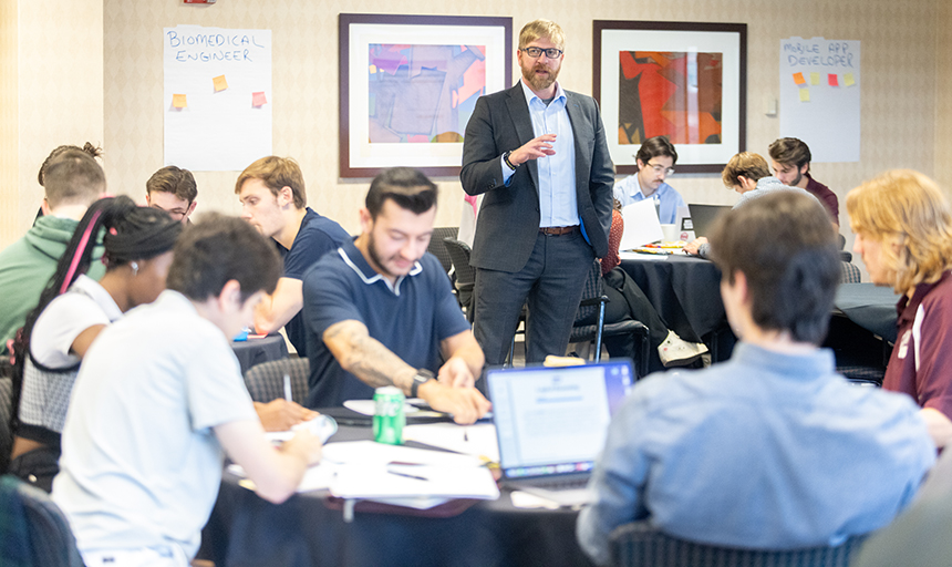 Certified Deloitte facilitator Patrick Brugh leads Roanoke College students in a discussion about career preparation during the Deloitte Future of Work Institute.