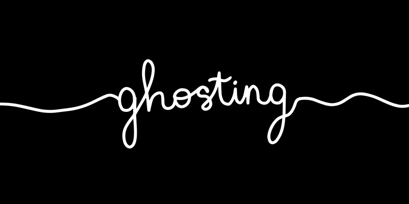 Slide with black background and white, cursive text that reads ghosting