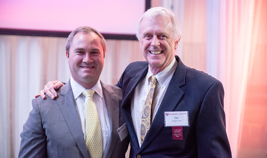 Dr. Jared Herr ’04, recipient of an Emerging Alumni Award during the Society of 1842 luncheon on April 21, with one of his mentors, Professor of Biology Dar Jorgensen.
