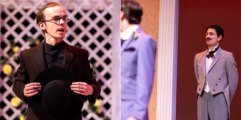 Side-by-side images depicting two different scenes. In one, an actor clutches a hat to his chest. In another, an actor dressed as a mustachioed butler enters.