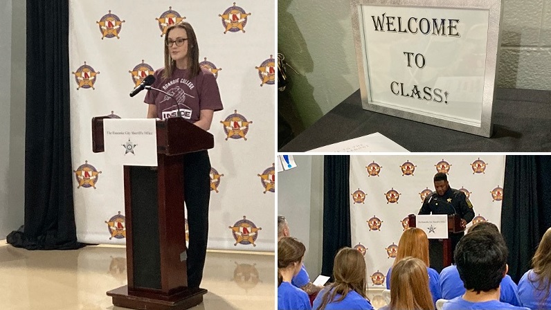 Collage of three photos at a program event: Dr. Murray speaking to attendees; Sheriff Hash speaking to attendees; and closeup of a sign that read, Welcome to Class.