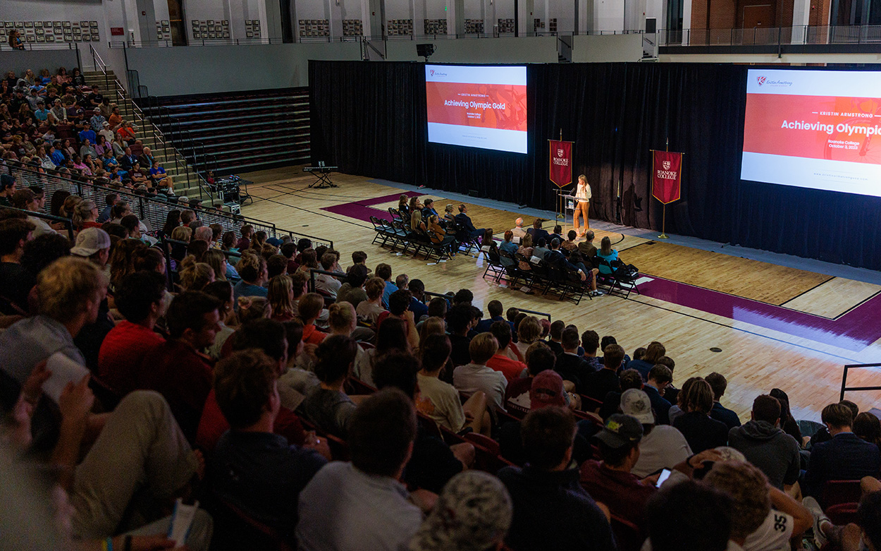 People line the seats of the Cregger Center arena as Kristin Armstrong speaks