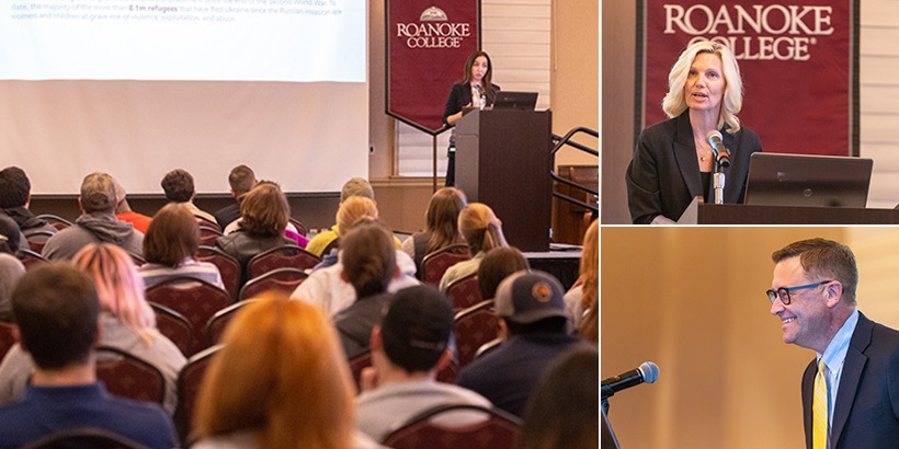 Collage of three images showing Leila Hanafi, Kim Blair and President Frank Shushok Jr. speaking at the dais in the Wortmann Ballroom