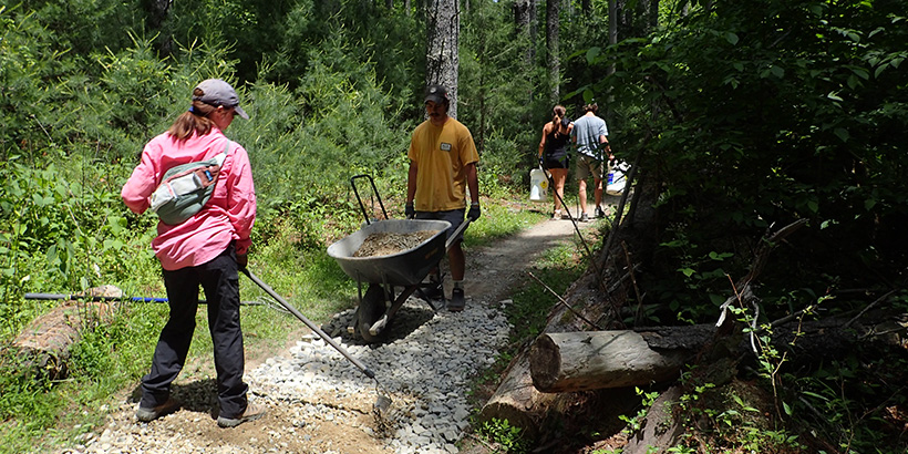 Student carry buckets, push a wheelbarrow and wield a rake while doing trail work in the woods