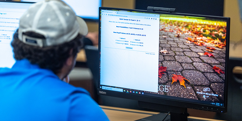 Grant Webster's computer screen shows a question he's mulling over while taking part in an experiment designed by another team of his classmates