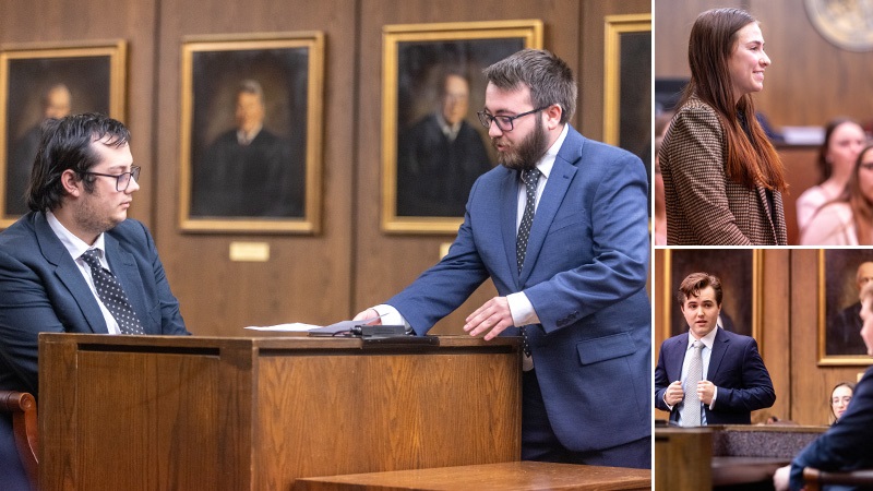 Collage of three photos showing students, dressed in suits, presenting their arguments or interacting with witnesses during a mock trial exhibition held in a Roanoke County courtroom
