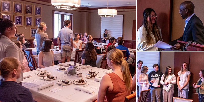 Collage of three images of students standing to be recognized with awards or honors inductions