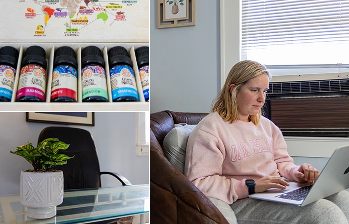 Collage of three photos showing a person working on a laptop in the Relaxation Room, a closeup of a selection of essential oils and a closeup of a potted plant