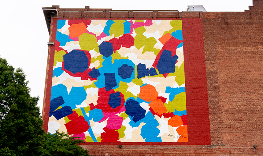 The 1979 Dorothy Gillespie mural in downtown Roanoke is the only one of her murals that still exists. After its restoration this year, the mural is vibrant and colorful again. 