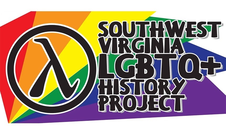 Logo of Southwest Virginia LGBTQ+ History Project set against a rainbow background design