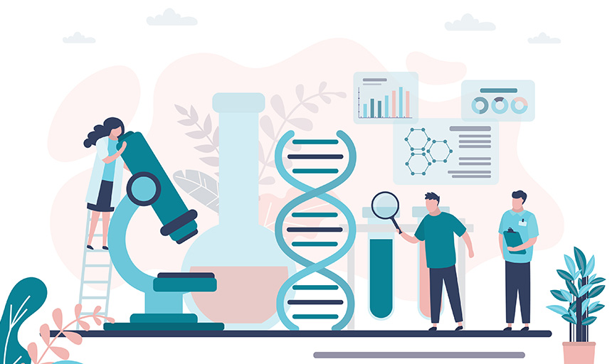 Illustration with research themes including a microscope, beaker and charts