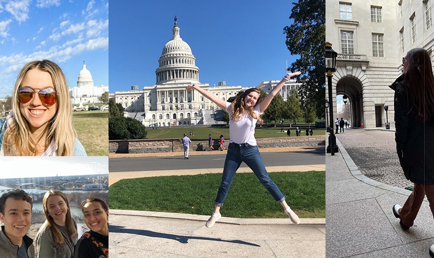 Photo collage of students smiling, walking and in one case leaping while touring historical sites in D.C.