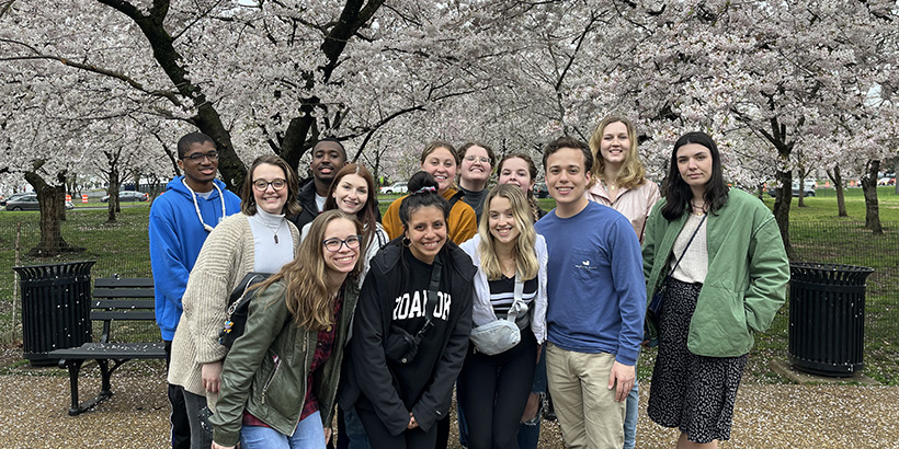 Roanoke College students in Washington Semester smile for a group photo in front of D.C.'s cherry blossoms