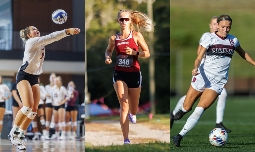 Collage of female student-athletes competing in volleyball, track and soccer