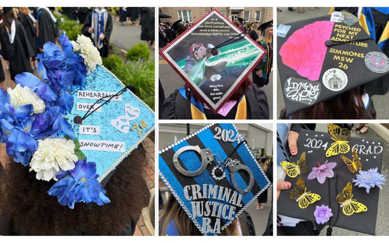 A collage of five decorated commencement caps that read in part: Rehearsal's Over; It's Showtime. 2024 Criminal Justice Grad. 2024 Grad. Psyched for my next adventure. May the 4th Be With You.