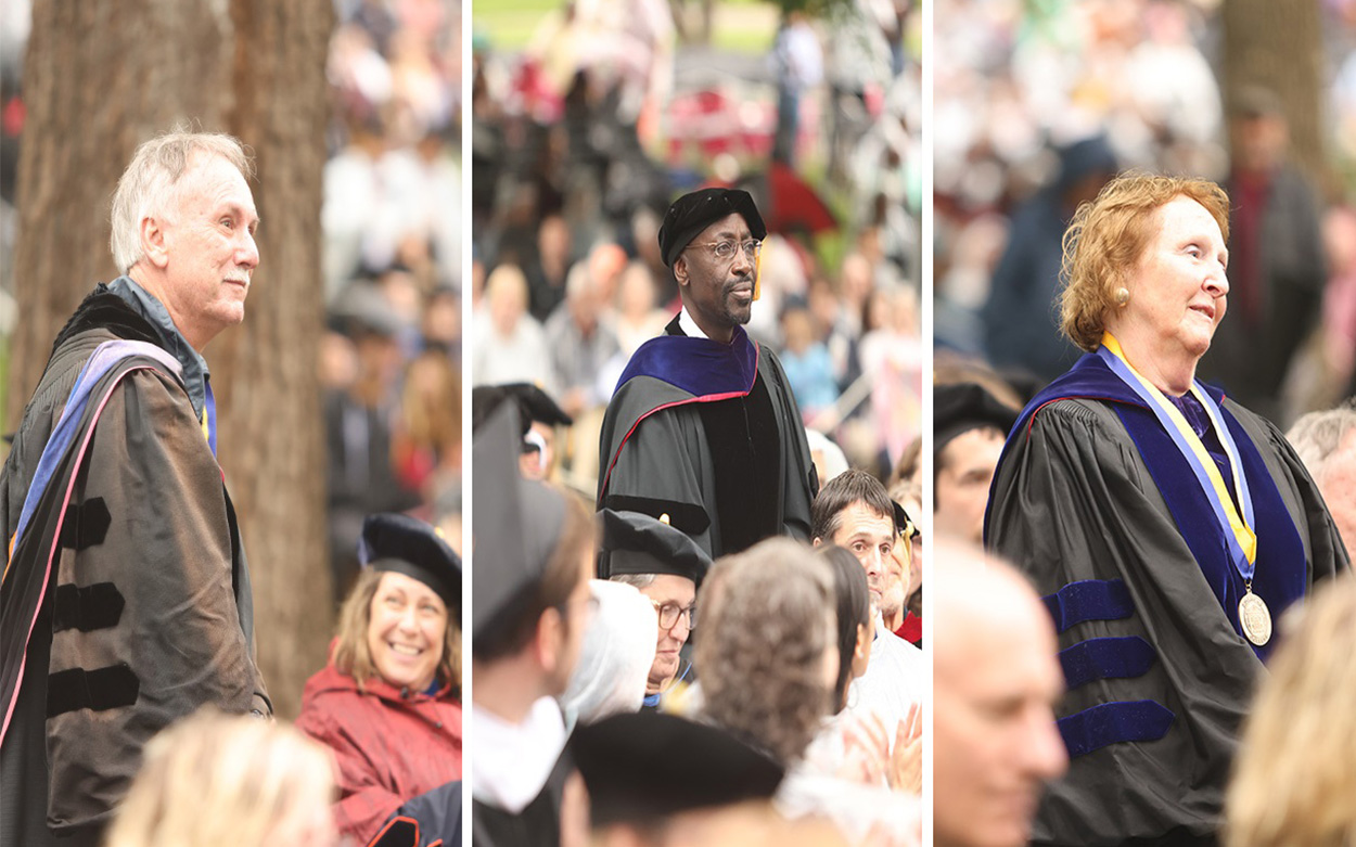Collage of three images of professors rising in the audience to be recognized by the crowd