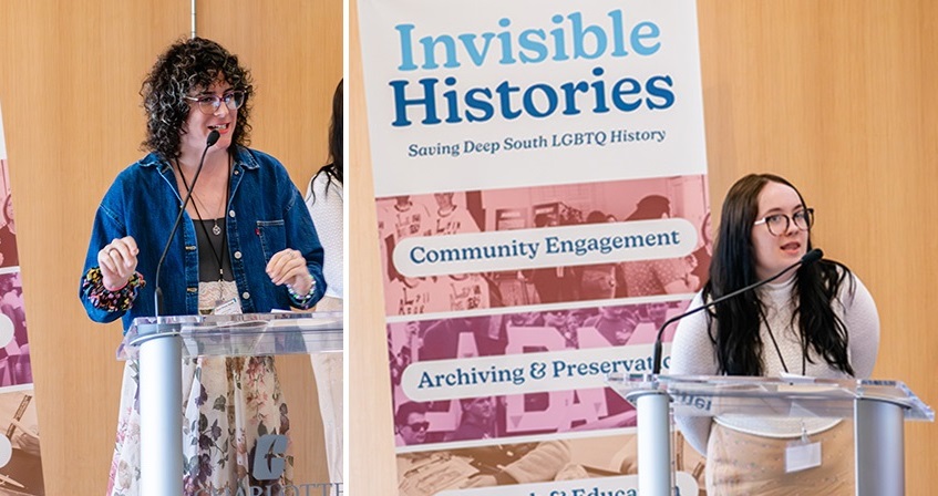 Collage of two photos showing a professor and a student addressing a room from a podium.