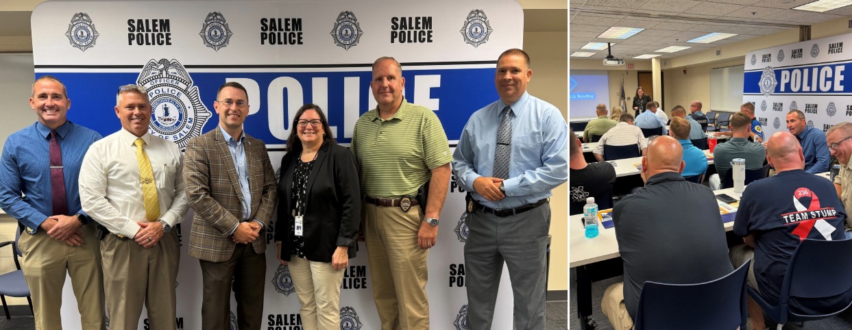A collage of two photos: On the left, 6 people smile for a group picture. On the right, people talk in a conference room during a training program.