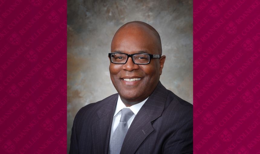 A headshot of David Meadows, surrounded by a maroon Roanoke College border on either side.