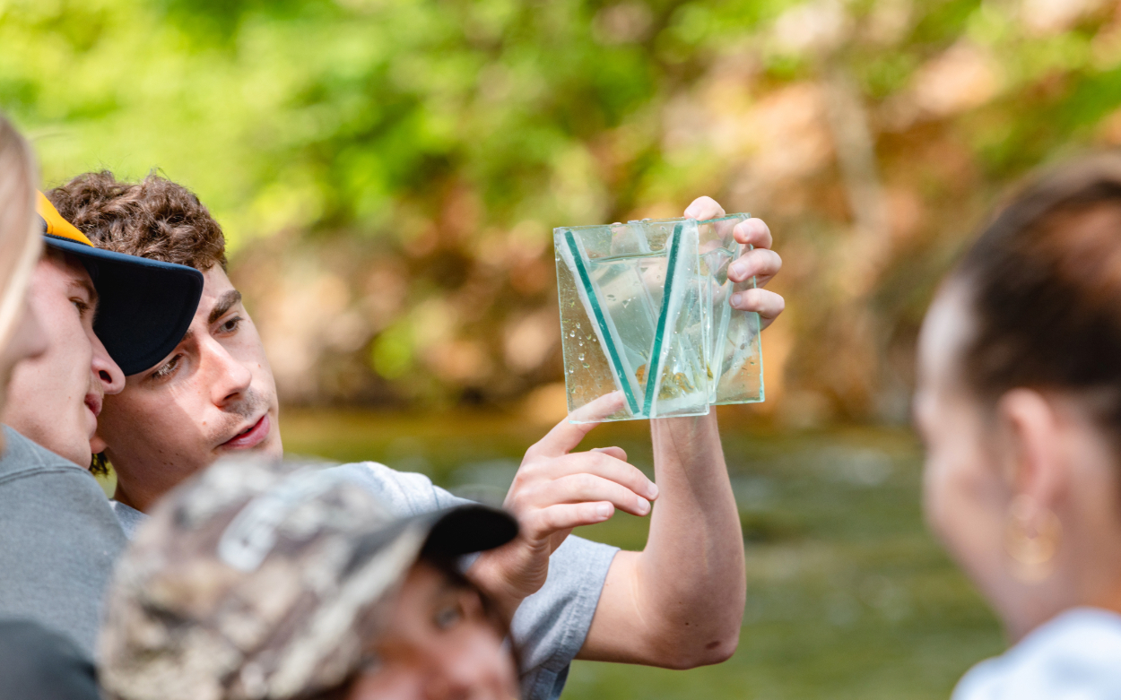 A student with dark hair holds up a clear container full of water and fish. He points at the container, and another student leans in to see what's inside. 