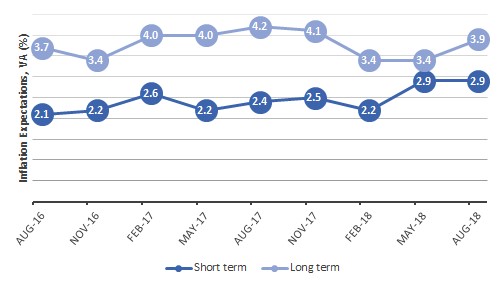 The figure is a time series graph of short- and long-term inflation expectations for the last two years.