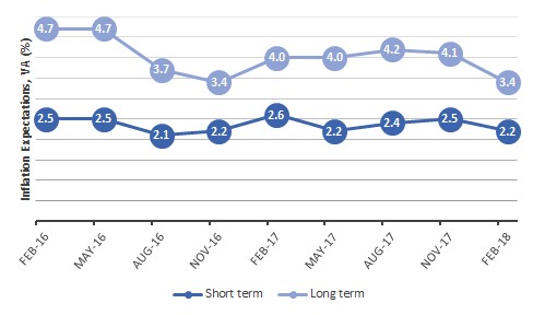 The figure is a time series graph of short- and long-term inflation expectations for the last two years.