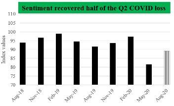 Figure 1 illustrates the second quarter hollowing out of the near-record sentiment values from the first quarter of 2020 and the subsequent rebound in the third quarter. Twenty-eight percent of respondents report that their household finances are improved from a year ago, a seven-point increase since May