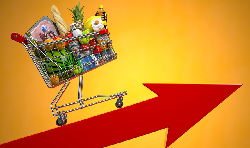 image of cart full of groceries on an image of an arrow pointed upward