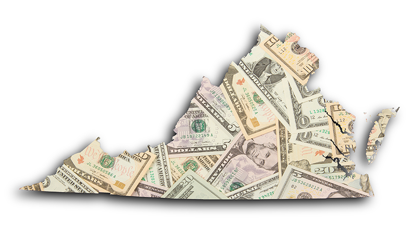 shape of Virginia covered in dollar bills