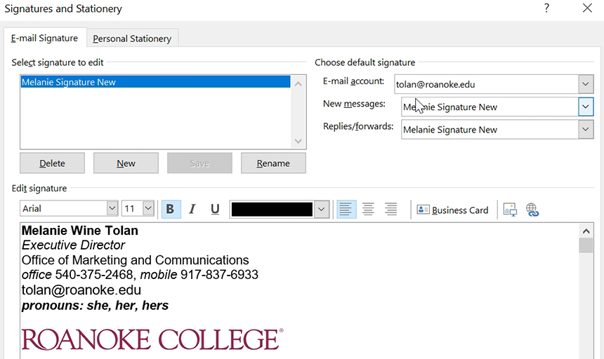image of email signature set up screen