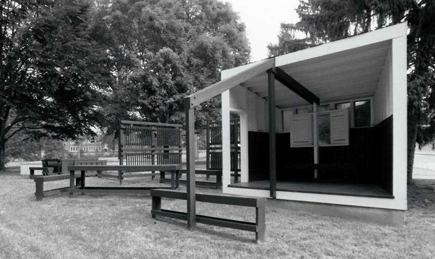 a black and white photo of a reading garden