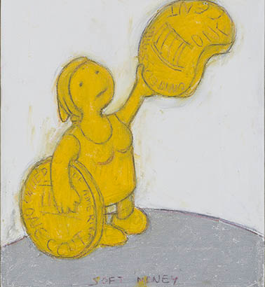 a drawing of a yellow person holding up a bent yellow penny
