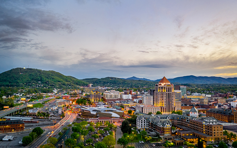 Skyline of Roanoke with mountains beyond